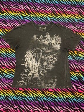 Y2k emo grunge Affliction Black Short Sleeve Tee with Silver Crown & Wing Print
